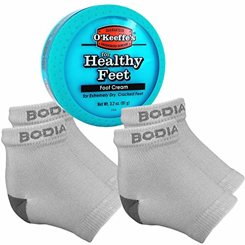 Dry Cracked Heels Repair Bundle with Open Toe Moisturizing Silicone Gel Heel Socks (2 Pairs, Gray) and OKeeffes Healthy Feet Cream Jar for Home Foot Skin Care