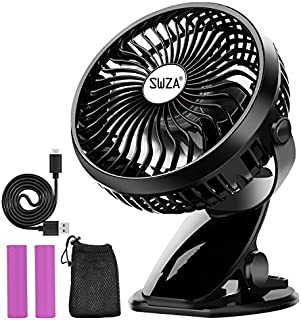 Stroller Fan Clip on Fan Rechargeable Battery Operated Fan - Powerful Airflow Low Noise - SWZA Portable Clip Fan for Baby Stroller Travel Hiking Camping (2 Batteries and 1 Reusable Mesh Bag included)
