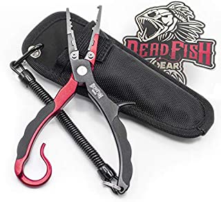 Dead Fish Gear Multifunctional Salt Water Fishing Pliers/Fresh Water Fishing Pliers_ Aviation Class Aluminum with Stainless Steel Jaws & Tungsten Cutting Edge_ Includes Sheath and Lanyard