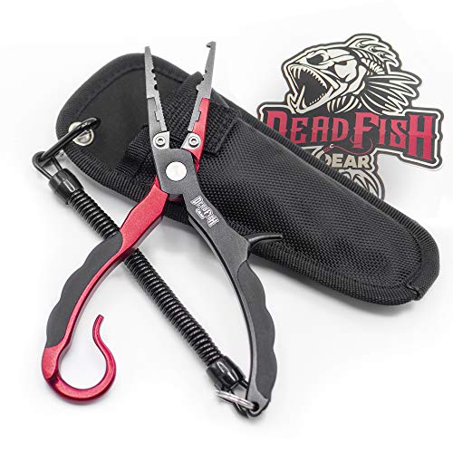 Dead Fish Gear Multifunctional Salt Water Fishing Pliers/Fresh Water Fishing Pliers_ Aviation Class Aluminum with Stainless Steel Jaws & Tungsten Cutting Edge_ Includes Sheath and Lanyard