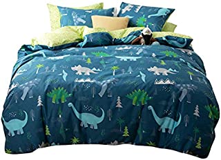 Dinosaur Bedding Sets Queen Duvet Cover Blue 3 Piece Cartoon Bed Set Full Size for Boys Kid Students with 2 Pillow Shams, Cotton 100