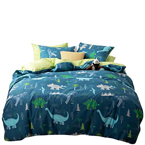 Dinosaur Bedding Sets Queen Duvet Cover Blue 3 Piece Cartoon Bed Set Full Size for Boys Kid Students with 2 Pillow Shams, Cotton 100