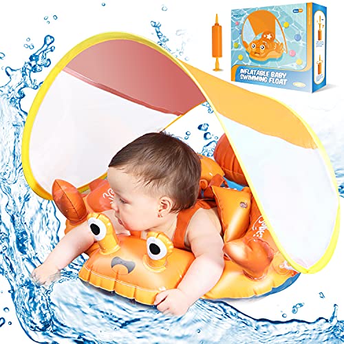 Eaglestone Free Baby Pool Float with UPF 50+ UV Sun Protection Canopy, Inflatable Baby Float for Age of 3-36 Months, Improved Add Tail Never Flip Over Toddler Swimming Ring for Learning Swim Trainer