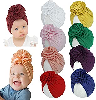 inSowni 8 Pack Solid Nursery Hospital Turban Hat Cap Beanie Bonnet with Flower for Baby Girls Toddlers Newborns Infants