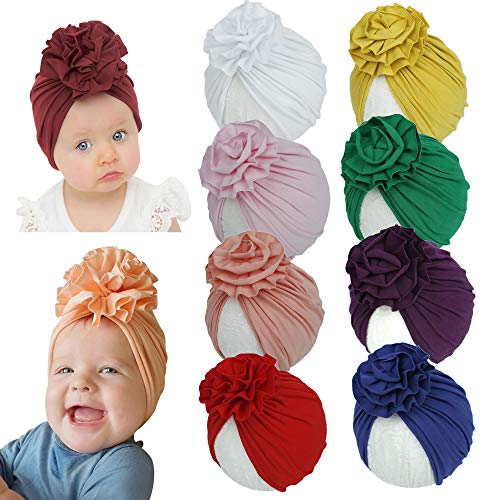 inSowni 8 Pack Solid Nursery Hospital Turban Hat Cap Beanie Bonnet with Flower for Baby Girls Toddlers Newborns Infants