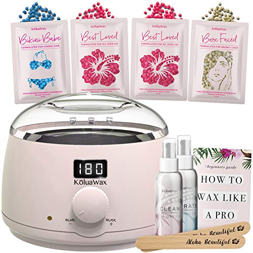 Waxing Kit Digital Wax Warmer Hair Removal with Hard Wax Beans. Kolua Wax Machine- Multiple Wax Beads Formulas for ALL Hair Types, Eyebrow, Facial, Body, Bikini, Brazilian, for Women 20 Applicators