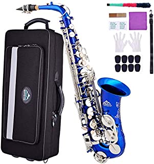 EASTROCK Alto Saxophone E Flat Blue/Nickel Key Brass Sax for Students Beginner With Reeds,Neck Strap,Mouthpiece&Cushion Pads,Cleaning Cloth&Rod,White Gloves