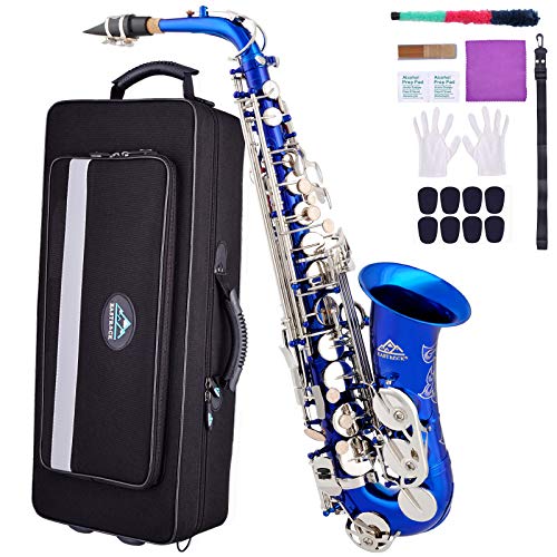 EASTROCK Alto Saxophone E Flat Blue/Nickel Key Brass Sax for Students Beginner With Reeds,Neck Strap,Mouthpiece&Cushion Pads,Cleaning Cloth&Rod,White Gloves