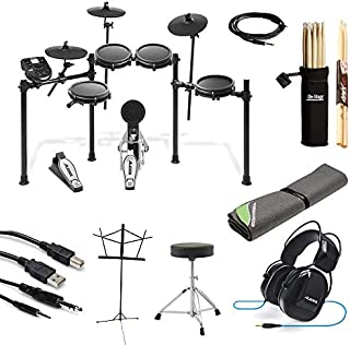 Alesis Nitro Mesh Electronic Drum Kit + Professional Headphones + Drum Mat + Pair of Sticks & Stick Holder + Throne + Music Sheet Stand + Instrument Cable + Stereo & USB Cables - Top Accessory Bundle!