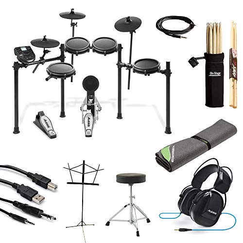 Alesis Nitro Mesh Electronic Drum Kit + Professional Headphones + Drum Mat + Pair of Sticks & Stick Holder + Throne + Music Sheet Stand + Instrument Cable + Stereo & USB Cables - Top Accessory Bundle!