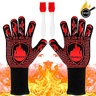 AerWo BBQ Grill Gloves,1472 Heat Resistant Grilling Gloves Barbecue Oven Gloves with 2 Brushes, Food Grade Kitchen Non-Slip Silicone Fireproof Gloves for Baking, Cooking, Cutting, Welding, 13 Inch