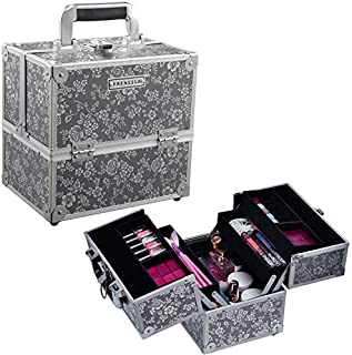 Frenessa Professional Makeup Train Case Aluminum 4-Tier Trays Cosmetic Box Jewelry Storage Organizer with Lockable Portable Travel Makeup Storage Box for Women and Girls Silver Floral