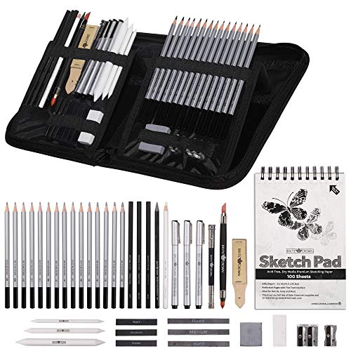 40-Piece Pencil Drawing Set with Case and Sketch Book - Sketching Art Pencils Kit Includes Graphite and Charcoal Pencils, Ink Pens & Shading Tools