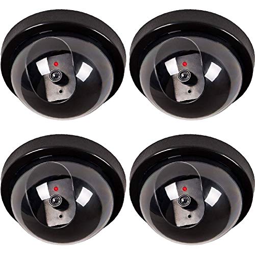 WALI Dummy Fake Security CCTV Dome Camera with Flashing Red LED Light with Security Alert Sticker Decals (SD-4), 4 Packs, Black