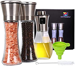 Salt and Pepper Grinder Set Oil Sprayer for Cooking Stainless Steel Pepper Mill Shaker Tall Salt and Pepper Grinder Adjustable Coarseness with Silicone Funnel Cleaning Bottle Brush for Home Chef-5Pack