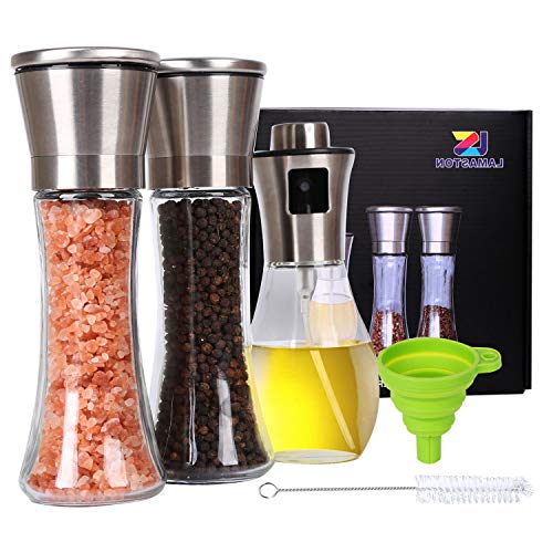 Salt and Pepper Grinder Set Oil Sprayer for Cooking Stainless Steel Pepper Mill Shaker Tall Salt and Pepper Grinder Adjustable Coarseness with Silicone Funnel Cleaning Bottle Brush for Home Chef-5Pack