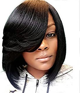 SCENTW Short Pixie Cut Bob Synthetic Wigs for Women Heat Resistant Costume African American Wigs with Side Bangs Natural Brown Full Wigs Look Real+Free Wig Cap (Black)