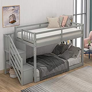 Low Twin Over Twin Bunk Bed for Kids Teens Wood Twin Bunk Bed Frame with Storage