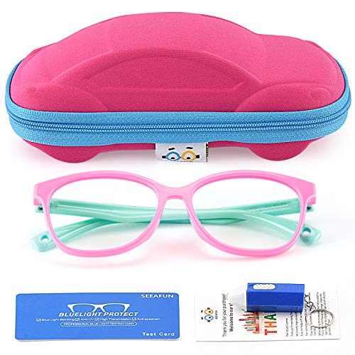Kids Blue Light Glasses with Cute Car Case, UV400 Protection, Anti Blue Ray Computer Game Glasses
