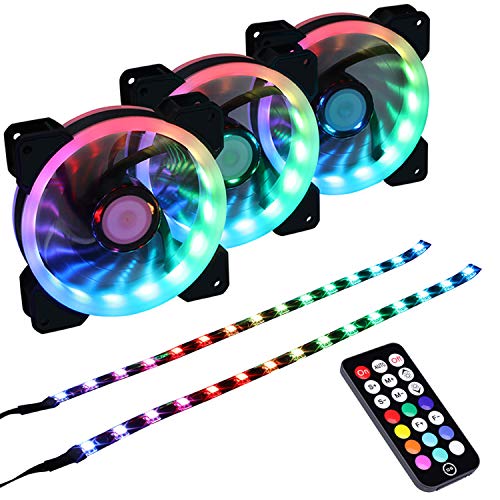 DS Addressable RGB LED 120MM Case Fan with Controller for PC Cases, CPU Coolers, Radiators System (3pcs RGB Fans, 2pcs LED Strips, 4th Gen RF Remote Control, A Series)