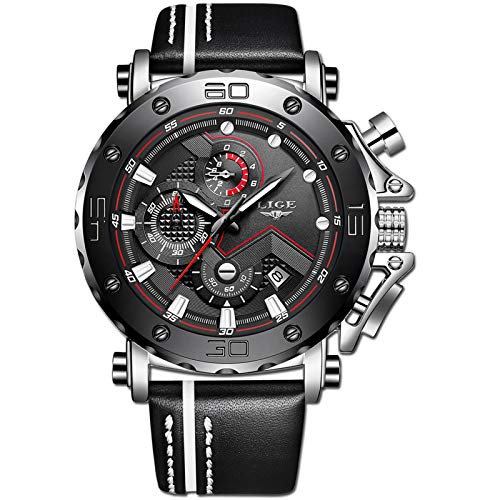 LIGE Mens Watches Waterproof Sports Chronograph Casual Fashion Analog Quartz Watch Luxury Military Leather Large Dial Watch