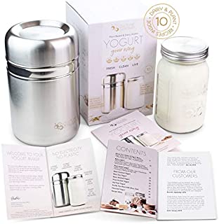 Stainless Steel Yogurt Maker with 1 Quart Glass Jar and Complete Recipe Book to Make 12+ Easy Homemade Dairy Free and Milk Yogurts