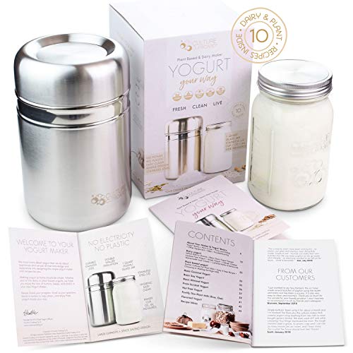 Stainless Steel Yogurt Maker with 1 Quart Glass Jar and Complete Recipe Book to Make 12+ Easy Homemade Dairy Free and Milk Yogurts