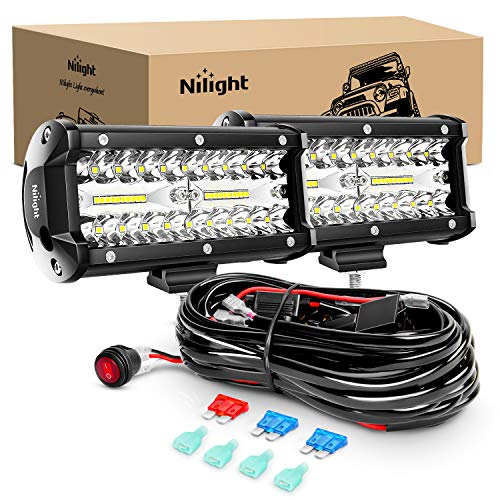 Nilight ZH303 2PCS 6.5 Inch 120W Spot & Flood Combo Driving 16AWG Wiring Harness for Led Work Light Triple Rows Off-Road Truck Car ATV SUV, 2 Years Warranty, White