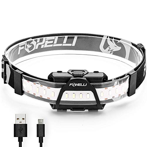 Foxelli Wide Beam Headlamp Flashlight  280 Lumen USB Rechargeable Head Lamp, Ultra Bright, Low Profile, 170° Wide Illumination, 14 White LEDs, Waterproof, Lightweight & Comfortable Headlight