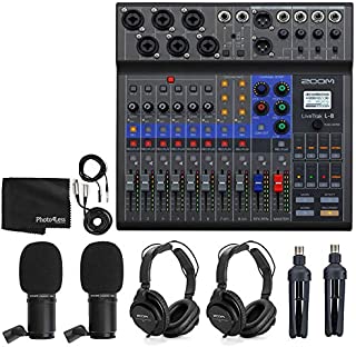 Zoom LiveTrak L-8 Portable 8-Channel Digital Mixer and Multitrack Recorder + 2x Zoom ZDM-1 Mic with Headphones, Windscreens and Stands + Cleaning Cloth  2 Person Podcasting Bundle