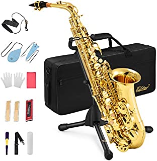 Eastar AS- Student Alto Saxophone E Flat Gold Lacquer Alto Beginner Sax Full Kit With Carrying Sax Case Mouthpiece Straps Reeds Stand Cork Grease