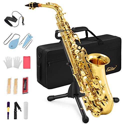 Eastar AS- Student Alto Saxophone E Flat Gold Lacquer Alto Beginner Sax Full Kit With Carrying Sax Case Mouthpiece Straps Reeds Stand Cork Grease