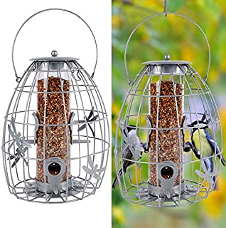 winemana Outdoor Hanging Wild Bird Feeder, Transparent Plastic Tube Inside, Suitable for Mixed Seeds, Squirrel Proof with Large Metal Guard Cage Outside