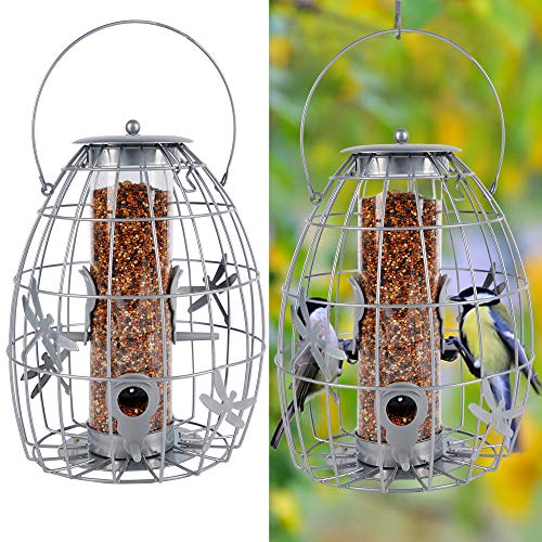 winemana Outdoor Hanging Wild Bird Feeder, Transparent Plastic Tube Inside, Suitable for Mixed Seeds, Squirrel Proof with Large Metal Guard Cage Outside