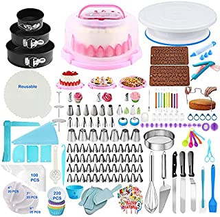 Gawren-H&E Cake Decorating Kit 599 PCS Cake Decorating Supplies Kit with Cake Carrier Cake Decorating Tools Set with Cake Turntable Rose Leaf Piping Tips Cake Pan Baking Tools Supplies Set