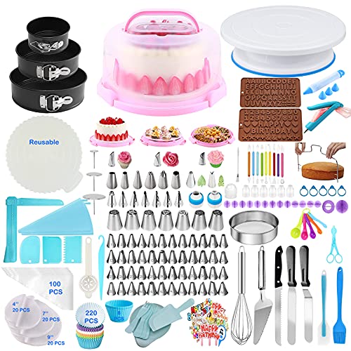 Gawren-H&E Cake Decorating Kit 599 PCS Cake Decorating Supplies Kit with Cake Carrier Cake Decorating Tools Set with Cake Turntable Rose Leaf Piping Tips Cake Pan Baking Tools Supplies Set