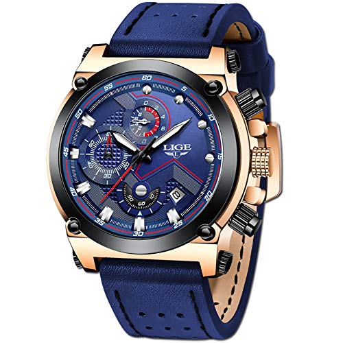 LIGE Men's Watch Luxury Fashion Analog Quartz Watch Men Business Dress Leisure Blue Leather Wrist Watches