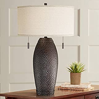 Noah Modern Farmhouse Rustic Style Table Lamp Hammered Bronze Brown Vase Oatmeal Drum Shade Decor for Living Room Bedroom House Bedside Nightstand Home Office Entryway Family - Franklin Iron Works