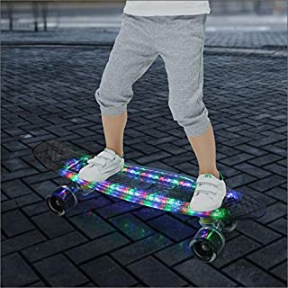 22 Inch Skateboard with Led Light Up Wheels for Beginners Flash Transparent Skateboard, Complete Mini Cruiser Retro Skateboard for Kid Durable Clear Led Skateboard with Light Up Pu Wheels(Blk)