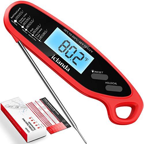 Iclanda Meat Thermometer, Digital Instant Read Cooking Thermometer with Backlight, Magnet, Calibration, Reset, Waterproof Digital Food Thermometer for Kitchen, Deep Fry, BBQ, Grill, Candy