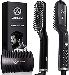 Arkam Premium Beard Straightener for Men - Cutting Edge Ionic Beard Straightening Comb, Heated Hair Straightener for Men, Beard Comb and Heated Beard Brush, Dual Action Fine Wooden Comb & Travel Bag