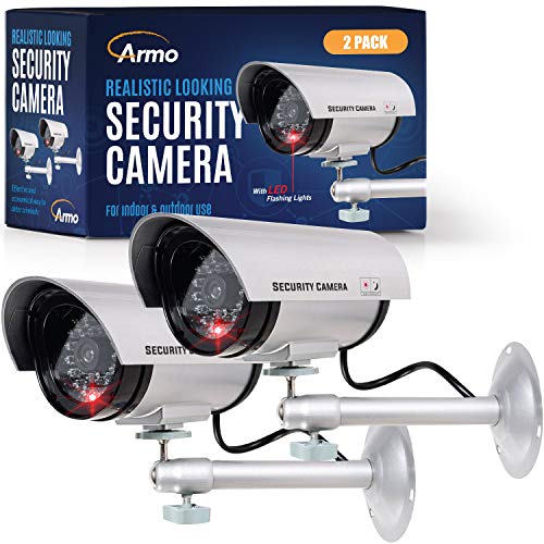 (2 Pack) Dummy Security Camera, Fake Bullet CCTV Surveillance System with Realistic Look Recording LEDs + Bonus Warning Sticker - Indoor/Outdoor Use, for Homes & Business- by Armo