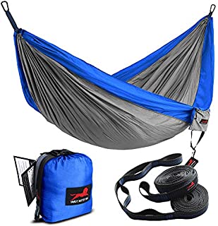 HONEST OUTFITTERS Single Camping Hammock with Basic Hammock Tree Straps,Portable Parachute Nylon Hammock for Backpacking Travel Royal/Grey 55