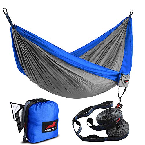 HONEST OUTFITTERS Single Camping Hammock with Basic Hammock Tree Straps,Portable Parachute Nylon Hammock for Backpacking Travel Royal/Grey 55