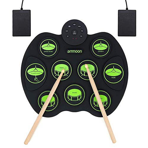 ammoon Roll Up Drum Kit, Portable Electronic Drum Set 9 Drum Practice Pads with Headphone Jack 2 Foot Pedals for Kids Children Beginners (No Speakers)