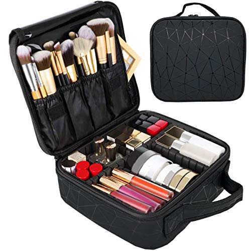 FUNKESH Travel Makeup Train Case Women Makeup Cosmetic Case Organizer Portable Artist Storage Bag with Adjustable Dividers for Cosmetics Makeup Brushes (Black)