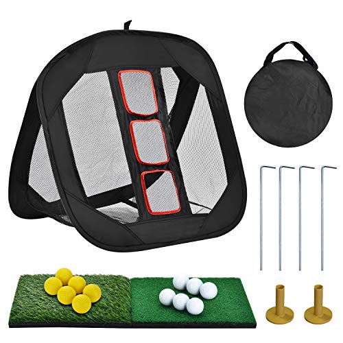 DURARANGE Pop-up Golf Chipping Net with Dual Turf Hitting Mat, 6 Driving Range Golf Balls, 6 Practice Foam Balls and Tees Combo, Target Swing Training Aids Backyard | Indoor | Outdoor