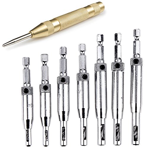 HIFROM Door Drill Bit Set with Automatic Center Punch,Doors Self Centering Hinge Tapper Core Drill Bit Set,Hole Puncher Woodworking Tools 5/64