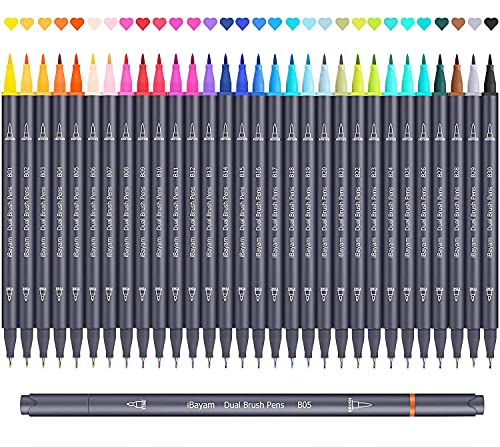 iBayam Dual Brush Pens 30 Vibrant-Color Brush Tip & Fineliner Art Marker Colored Pens for Journaling Note Taking Planner Calligraphy Drawing Office School Supplies, Coloring Markers for Adult Coloring