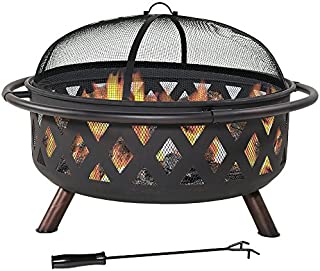 Sunnydaze Crossweave Outdoor Fire Pit - 36 Inch Large Bonfire Wood Burning Patio & Backyard Firepit for Outside with Spark Screen, Poker, and Round Fireplace Cover, Black